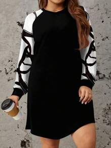 EMERY ROSE 大码女式几何图案优雅插肩袖及膝连衣裙，适合秋冬季 - 黑色 - 查看 1
