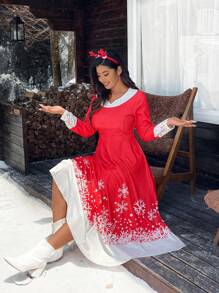 Celure Damen Große Größen Weihnachtskleid mit Schneeflocken Muster und Spitzenkontrast mit Tasche, elegantes Kleid