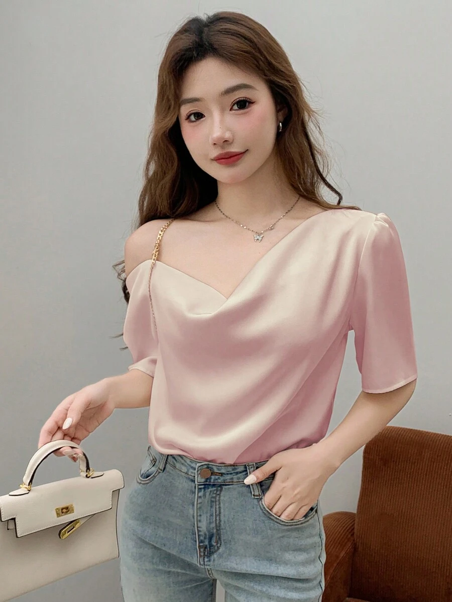 DAZY 女士夏季休闲优雅链条细节短袖衬衫 - 粉色 - 查看 1