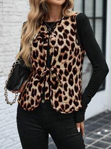 SHEIN LUNE Áo khoác gile độn bông họa tiết da báo 2 trong 1 dành cho nữ, trang phục công sở thường ngày cho giáo viên, trang phục mùa đông, Giáng sinh và Năm mới cho nữ. - Cà phê nâu - Xem 7