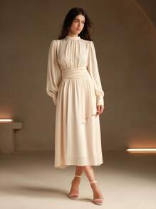 Anewsta Elegante vestido de mujer con mangas largas y cintura recogida en jacquard, atuendo de mujer largo para otoño