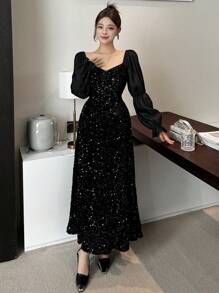 DAZY 女士亮片网纱撞色连衣裙 舞会礼服 派对礼服 返校节礼服 秋冬奢华新年礼服 嘉年华闪亮礼服 - 黑色 - 查看 4