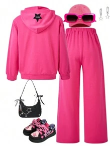 SHEIN 2pcs/Set Tween Girl Girls Stylish Letter, Star Print Hooded Sweatshirt With Pocket & Casual Pants, Dark Punk Fashion - Hot Pink - View 2