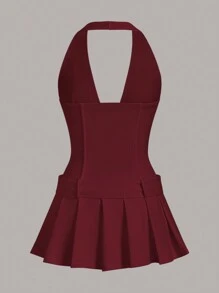SHEIN ICON Women Deep V-Neck Metal Button Decorated Belted Wide Pleated Mini Dress,Sun Dress,Summer Dresses For Women - Burgundy - View 7