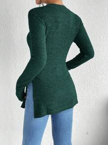 SHEIN Frenchy Camiseta de punto de cuello redondo con dobladillo acanalado de tela de grano dividido sólida