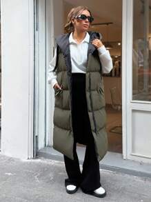 EURMUSE TIED-UP HOODED SNAPPED LONG ZIPPER VEST COAT - Khaki - View 1