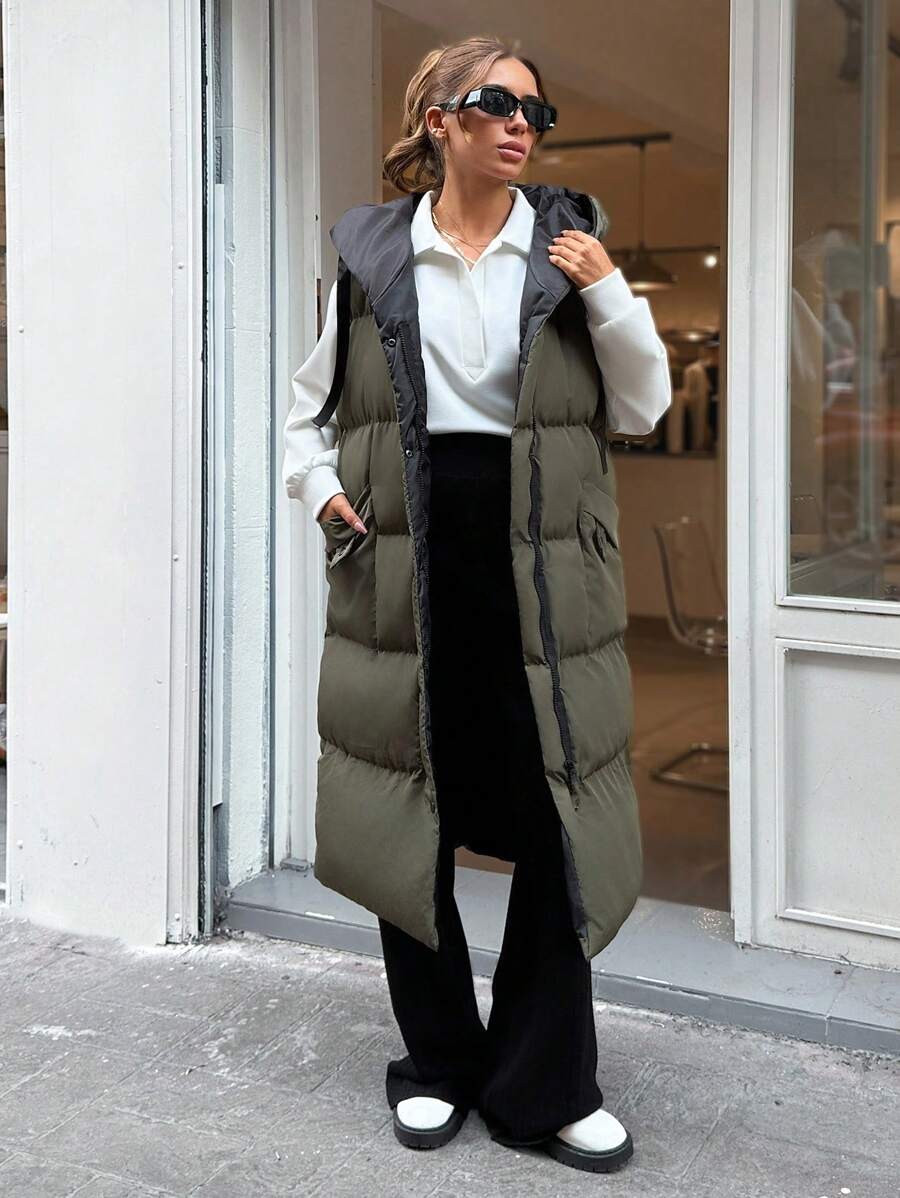 EURMUSE TIED-UP HOODED SNAPPED LONG ZIPPER VEST COAT - Khaki - View 1