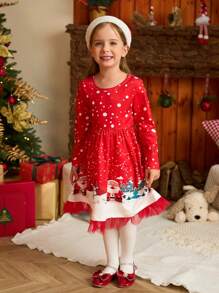 SHEIN Christmas Young Girls Dress - Young Girls Christmas Dress With Knitted Jacquard Print Design, Red Mesh Inserted Hem And Matching Hat, Great For Little Adventurers To Showcase Confidence And Style On Holiday Occasions - Red - View 6