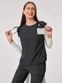 TaskEZ Conjunto informal de uniforme de scrubs con top cuello redondo minimalista y pantalón de chándal con bolsillo