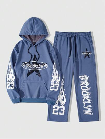 Street Life 2pcs Men's Letter Print Pocket Minimalist Hooded Sweatshirt And Pants Set, Casual Outfit Tracksuit
