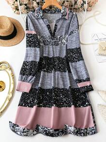 SHEIN LUNE 大码纯色拼接长袖休闲连衣裙