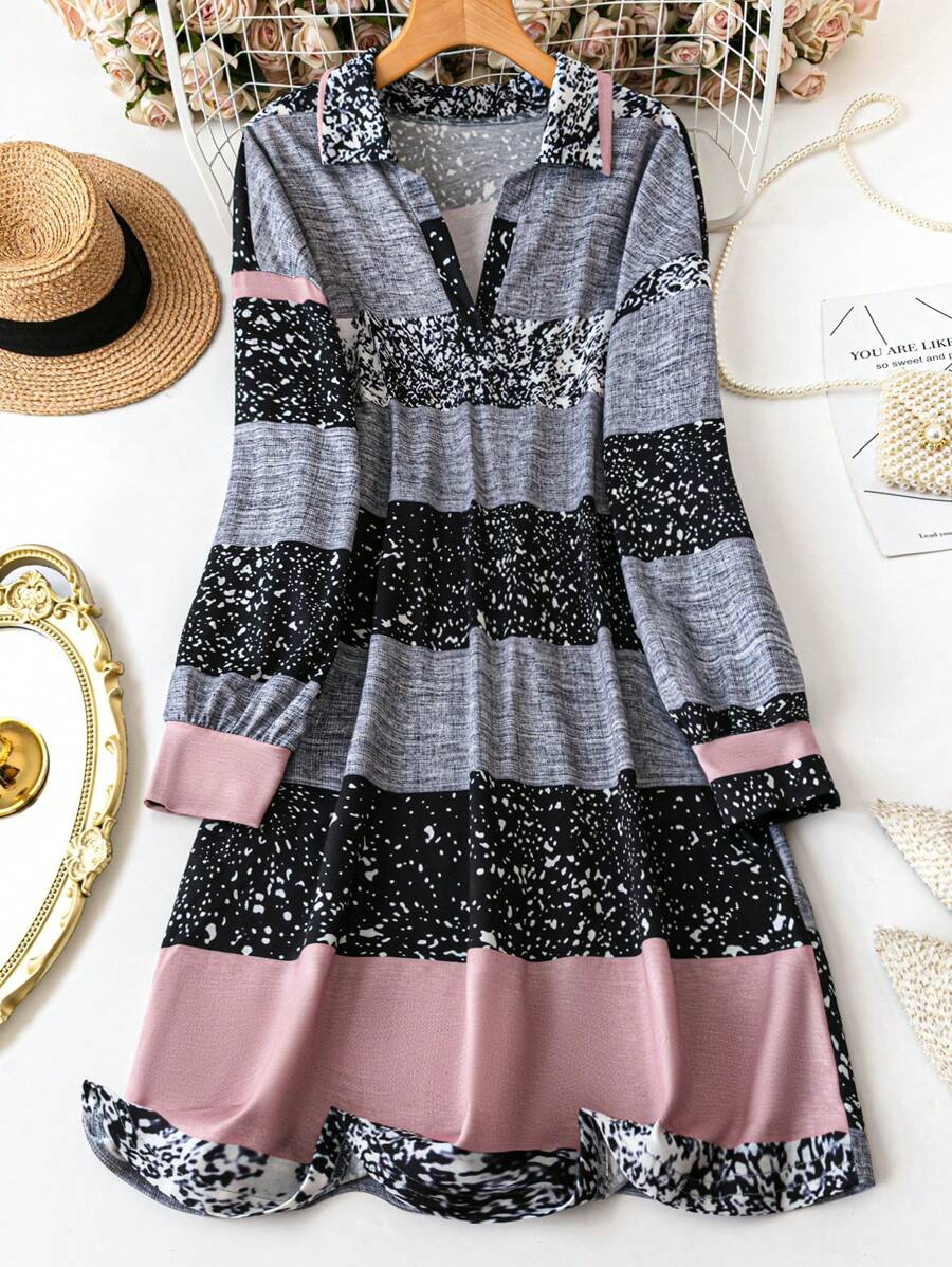 SHEIN LUNE 大码纯色拼接长袖休闲连衣裙