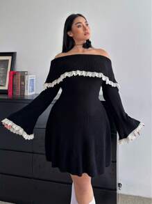 Flirla Váy len dài tay thanh lịch phối ren trễ vai cỡ lớn cho mùa đông - màu đen - Xem 2