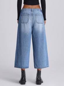 Forever 21 女士褶裥阔腿宽松休闲百搭七分牛仔裤 - 藍色 - 查看 3