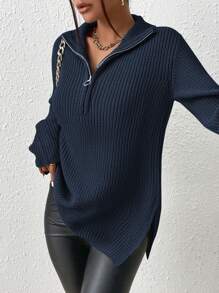 SHEIN Frenchy Half Zip Drop Shoulder Grain Black Sweater Winter Casual Blue - Navy Blue - View 3