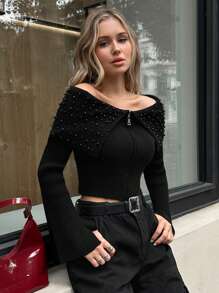 SHEIN Cottnline 针织珠饰拉链细节开衫 - 黑色 - 查看 1