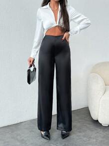 SHEIN Women Solid Color Satin Low Waist Wide Leg Pants - Black - View 1