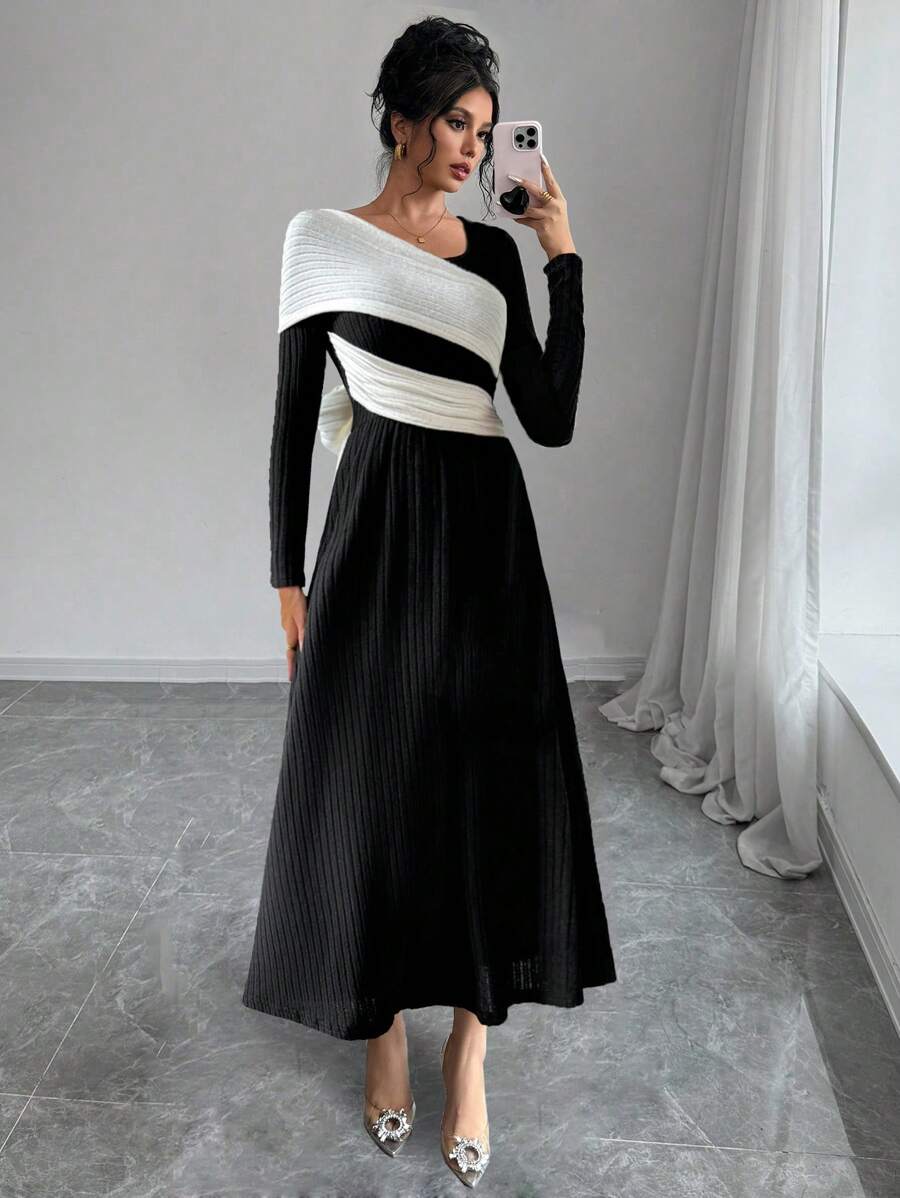 Chiquease Women's Asymmetric Neckline Colorblock Ruched Long Sleeve Casual Dress - Black - View 1