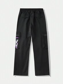 ROMWE MEN Harley Quinn | ROMWE Men Street Fashion Cartoon Character & Letter Print Drawstring Waist Zip Flap Pocket Baggy Cargo Pants - Black - View 2