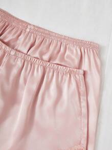 LuxeNights 4件套加大码套装：蕾丝拼接仿丝吊带背心和短裤、长裤和睡袍，秋冬服装 - 粉色 - 查看 6