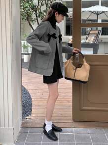 DAZY Áo khoác cardigan cổ tròn đính nơ cho nữ, Áo khoác nữ thu/đông, Quần áo nữ mùa thu Áo khoác nữ - Xám - Xem 5