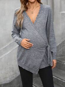 SHEIN Maternity Autumn/Winter Knitwear, Women Wrap Style Tie Bow Long Sleeve V-Neck Ruffle Knitted Sweater For Pregnant - Dark Grey - View 5