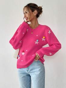 Chiquease Suéter de cuello redondo de manga larga con patrón de estrella de lujo casual para mujer, jersey de punto para otoño e invierno - Rojo - Ver 3
