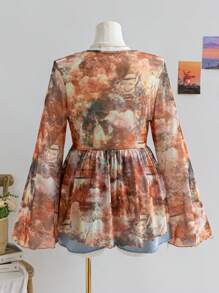 Soleia Áo Babydoll cổ chữ V tay dài in họa tiết hoa cho ngày tựu trường/nghỉ lễ cỡ lớn, phong cách tranh sơn dầu cổ điển, mùa thu - Nhiều màu - Xem 2