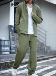 Manfinity Homme 1Set Men Casual Ribbed Long Sleeve Single-Breasted Jacket And Pants Suit, Green, Fall Clothes - Army Green - View 2