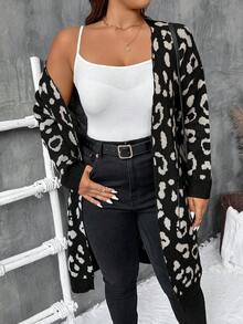 SHEIN LUNE Plus Size Casual Long Leopard Print Cardigan Sweater Without Buttons,Parties, Music Festivals, Home Wear, Back-To-School Events, Gifting, And Shopping.Fall Sweaters,Winter Clothes,Winter Women Dress - Multicolor - View 4
