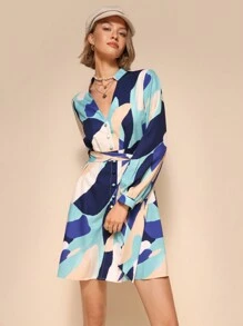 Calvaya Vestido corto casual con botones delanteros, manga larga y estampado integral para mujer