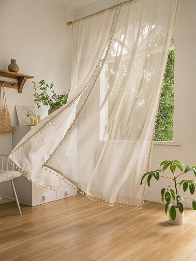 Cortina de linho com borlas e sanefa de cor natural, 1 peça, com bolso para haste, acabamento em renda boêmia, adequada para quarto, sala de estar, varanda, decoração de janela saliente, decoração de outono, decoração de quarto