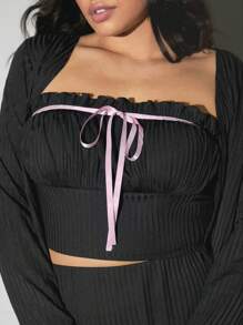 SHEIN SXY 3pcs Plus Size Women's Set: Ribbed Fabric Pink Contrast Bow Tie Decorated Ruched Top + Ruched Skirt + Long Sleeve Cardigan Jacket, Suitable For Fall & Winter, Date Night, Birthday, Bachelorette Party Outfit, Casual, Cute, Lolita, Shopping, Streetwear, Going Out, Easy To Match & Look Slim, Accentuate Your Body, Flatter The Figure