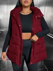 SHEIN EZwear 冬季大码纯色束腰连帽无袖棉服外套 - 酒紅色 - 查看 1