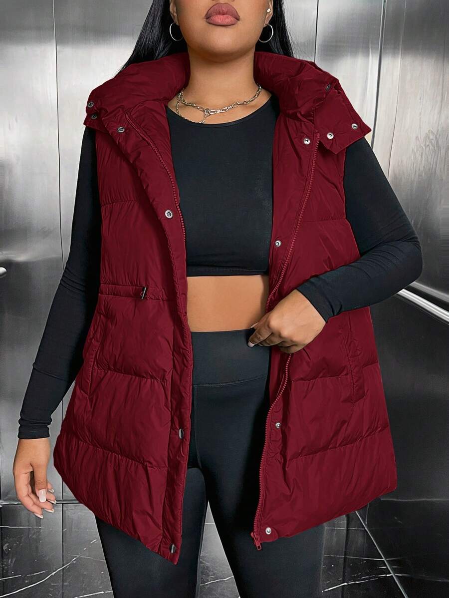 SHEIN EZwear 冬季大码纯色束腰连帽无袖棉服外套 - 酒紅色 - 查看 1