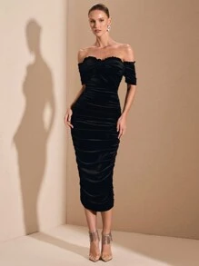 SHEIN BAE Autumn/Winter Solid Black Sexy Off-Shoulder Short Sleeve Ruched Mid-Length Bodycon Party Dress, Suitable For Cocktail Party, Romantic Date, Layering, Gatherings, Weddings, Halloween, Christmas