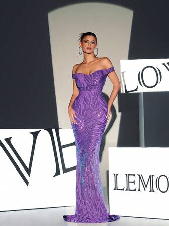 一字肩魚尾裙下擺亮片正式連衣裙