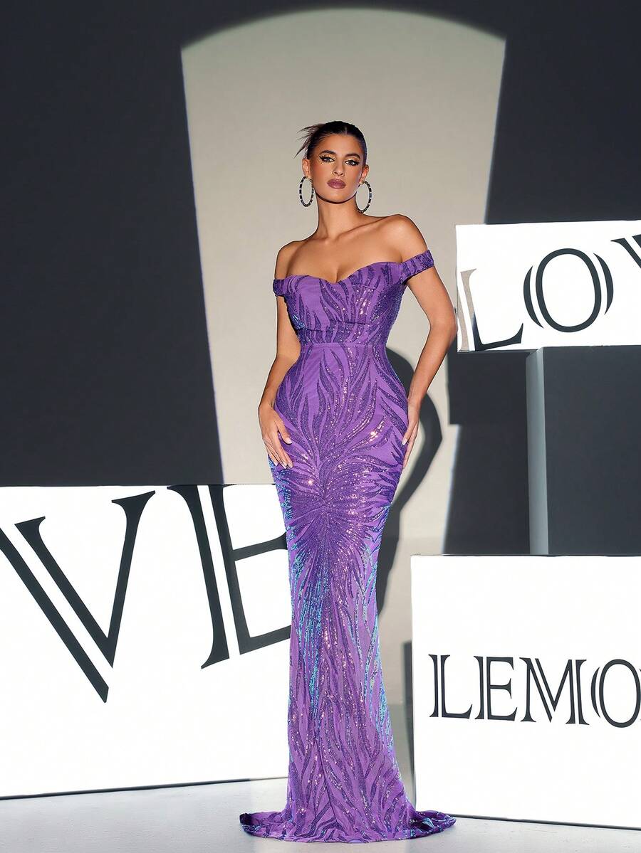 一字肩魚尾裙下擺亮片正式連衣裙 - 紫色 - 查看 1