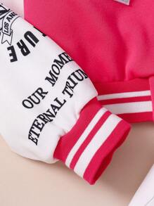 SHEIN Conjunto de 2 piezas para niñas preadolescentes: Chaqueta de béisbol con gráfico de letras y bloques de color, y falda plisada blanca - Multicolor - Ver 6