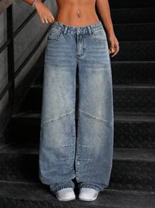 SHEIN ICON 休闲复古洗水低腰宽松直筒牛仔裤