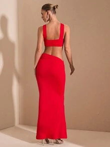 SHEIN BAE Váy dài dệt kim màu đỏ trơn gợi cảm thanh lịch đơn giản hở lưng khoét sâu, thích hợp cho tiệc tốt nghiệp, những dịp trang trọng, tiệc cocktail, hẹn hò lãng mạn, mặc nhiều lớp mùa thu/đông, tiệc tùng, hộp đêm, phù dâu cưới, đi chơi đêm, Halloween, Giáng sinh - Đỏ - Xem 2