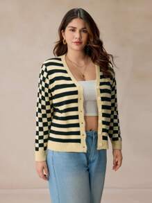 Elaquor Plus Size Women's Checkered Striped Casual Cardigan Sweater, Autumn/Winter - Multicolor - View 6