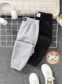 SHEIN Leap Crew 年轻男孩 2 件套休闲日常字母印花松紧腰宽松纯色运动裤多件装，1 黑色和 1 灰色，针织裤套装适合学校、花园、海滩、生日、春/夏/秋/冬季 - 彩色 - 查看 3