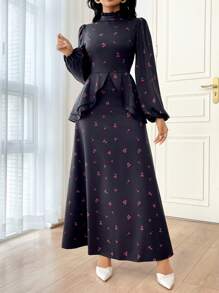 Modelyn Plus Size Bescheiden Standkraag Lange Mouw Bloemenprint Lange Arabische Jurk
