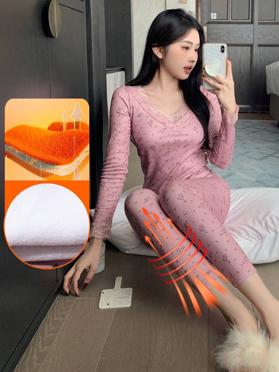 DAZY 碎花羊毛蕾丝拼接修身睡衣套装,冬季保暖内衬 - 粉色 - 查看 1