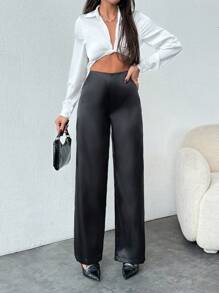 SHEIN Women Solid Color Satin Low Waist Wide Leg Pants - Black - View 3