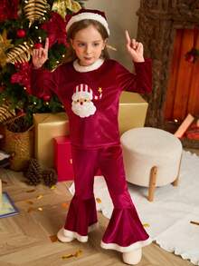 年轻女孩圣诞节和新年服装套装：圣诞连衣裙，配有红色毛绒和白色蓬松饰边，正面绣有蓬松贴花，搭配俏皮的圣诞帽。非常适合派对和特殊场合，一定会成为众人瞩目的焦点。 - 紅色 - 查看 4