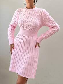 EURMUSE Casual Crew Neck Cable Knit Combined With Rib Knit Mini Cute Sweater Dress - Pink - View 3