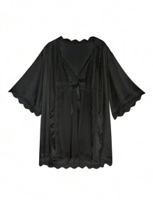 Women Solid Color Lace Patchwork Camisole Nightgown With Robe Sleepwear Set