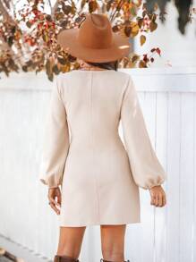SHEIN VCAY Women's Round Neck Front Tie Lantern Sleeve Casual Vacation Knit Dress,Back To School For Daily Wear,Fall Outfits,Commute,Minimalist,Office,Old Money,Simple,Teacher Clothes,Thanksgiving Women Outfit,Long Sleeve Women Dress